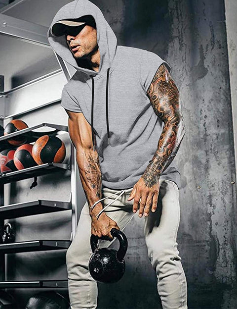 Men's Workout Hooded Tank Top Gym Muscle Cut Off Sleeve Bodybuilding Vest