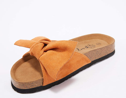 Ruanyu Womens Flat Slide Sandals Bowknot Slip On Open Toe Comfortable Cork Sandals Brown