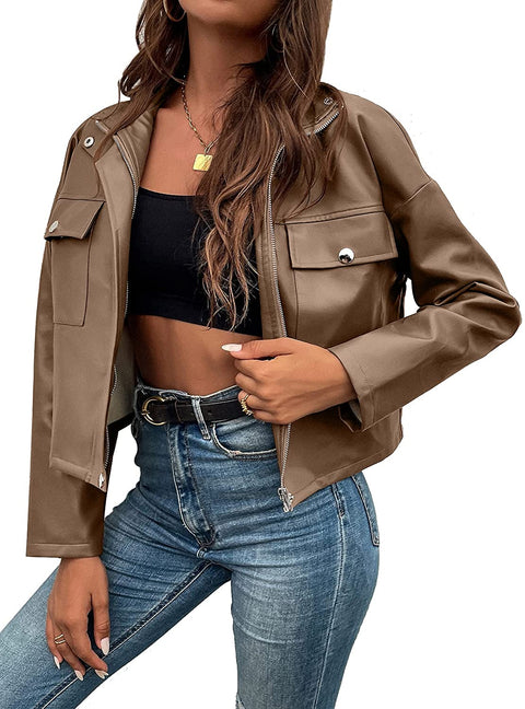 Womens Zipper Front Faux PU Leather Jacket Shacket Casual Long Sleeve Blazer Coat with Bust Pockets