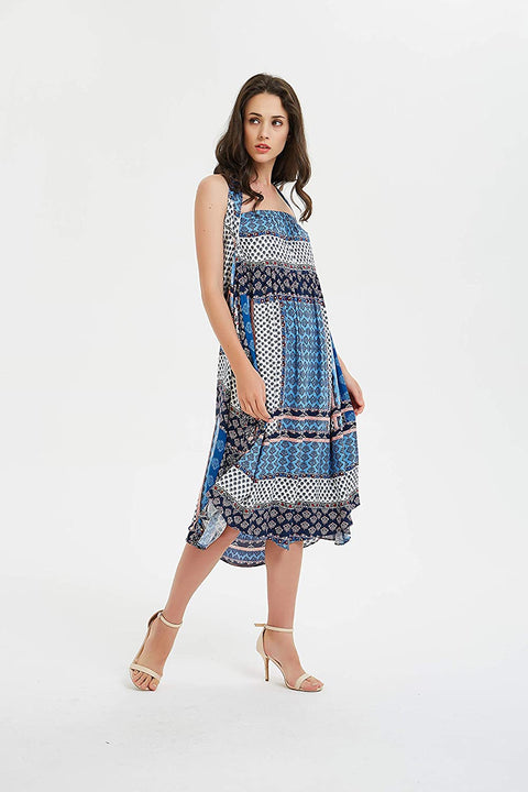 Womens Border Print Pull-on Elastic Waistband Long Skirt Neck Tie Dress