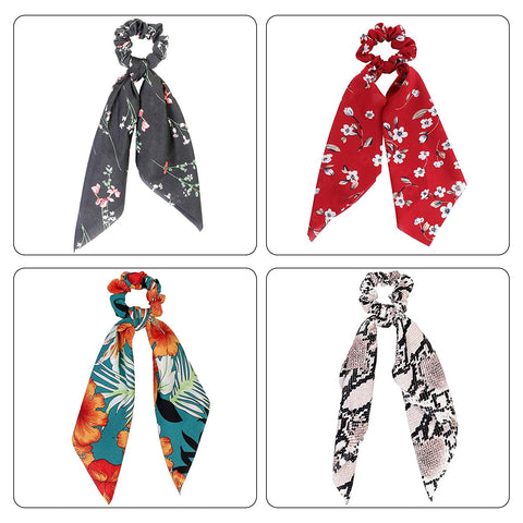 AWAYTR Chiffon Ponytail Hair Scarf Scrunchies - 4 Packs Flower Cashew Leopard Ripple Point Elastic Hair Ties Bow for Women (Skin + Black + Green + red)