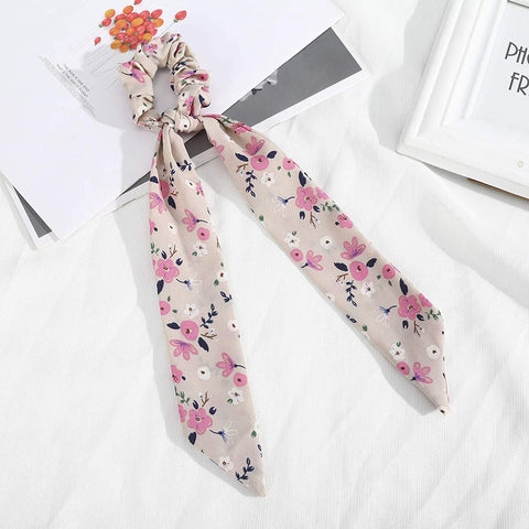 AWAYTR Chiffon Ponytail Hair Scarf Scrunchies - 4 Packs Flower Cashew Leopard Ripple Point Elastic Hair Ties Bow for Women (Floral(Yellow+White+Pink+Black))