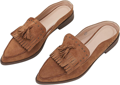 Ruanyu Womens Backless Mules Sandals Flat Pointed Toe Slip On Studded Tassel Comfortable Penny Loafers
