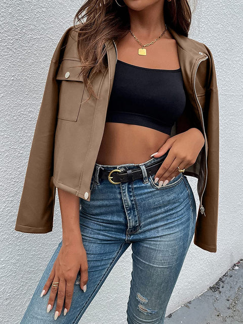 Womens Zipper Front Faux PU Leather Jacket Shacket Casual Long Sleeve Blazer Coat with Bust Pockets