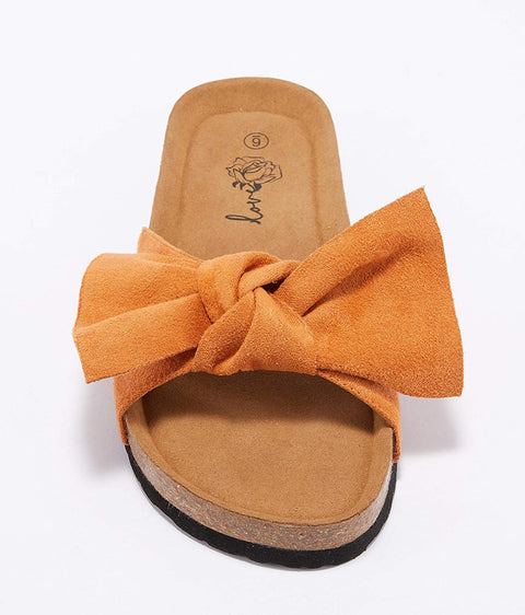 Ruanyu Womens Flat Slide Sandals Bowknot Slip On Open Toe Comfortable Cork Sandals Brown
