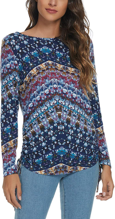 Women's Floral Print Shirts Long Sleeve Boat Casual Tunic Tops Blouse for Women