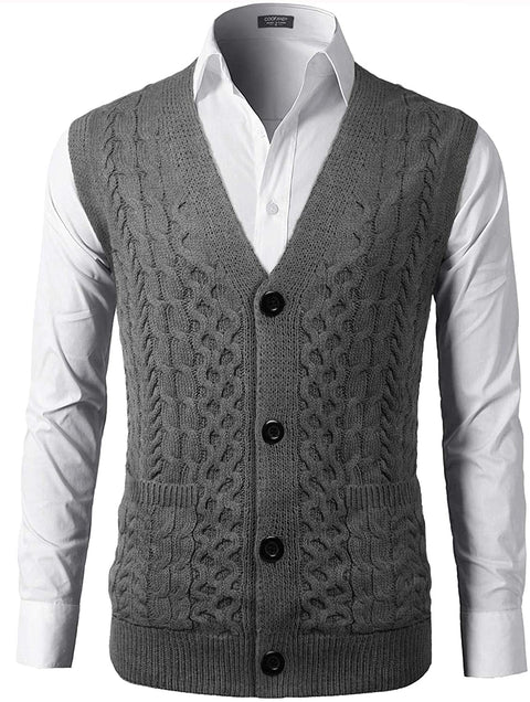 Mens Slim Fit V-Neck Cable Knit Sweater Vest with Front Button