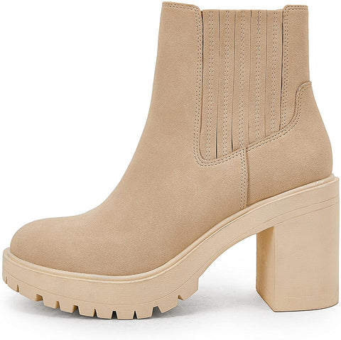 Womems Platform Lug Sole Ankle Boots Chunky Block Heel Seam Booties Combat Cozy Round Toe Chelsea Shoes