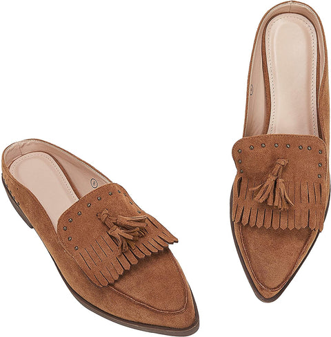Ruanyu Womens Backless Mules Sandals Flat Pointed Toe Slip On Studded Tassel Comfortable Penny Loafers