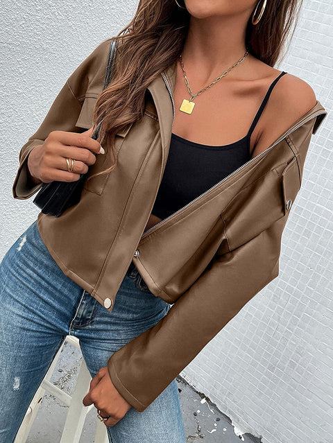 Womens Zipper Front Faux PU Leather Jacket Shacket Casual Long Sleeve Blazer Coat with Bust Pockets