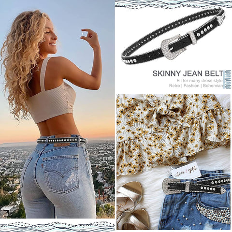 Women Skinny Rhinestone Belt For Jeans Thin Leather Waist Belts With Boho Jewelry Buckle