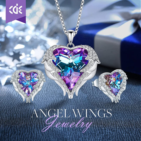 Angel Wing Love Heart Necklaces and Earrings Silver Jewelry Sets