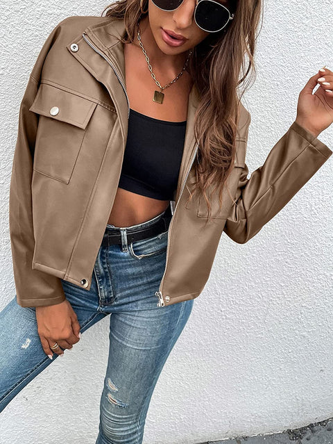 Womens Zipper Front Faux PU Leather Jacket Shacket Casual Long Sleeve Blazer Coat with Bust Pockets