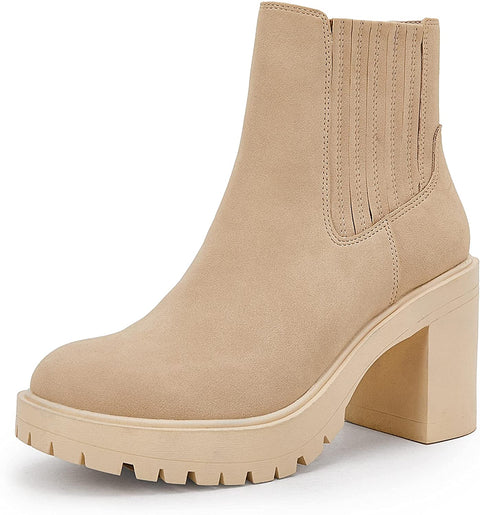Womems Platform Lug Sole Ankle Boots Chunky Block Heel Seam Booties Combat Cozy Round Toe Chelsea Shoes