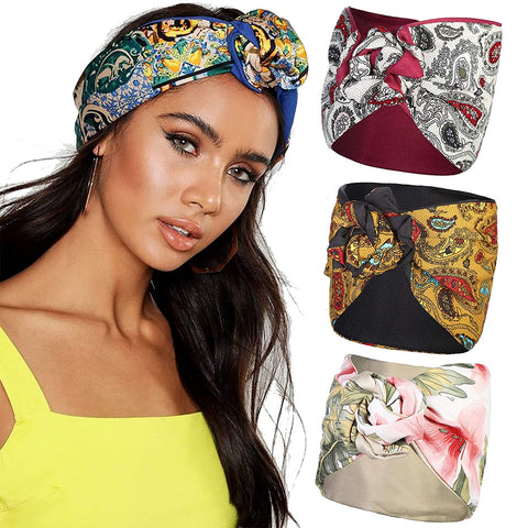 Knotted Wide Turban Head Wrap - 3PCS Floral Knot Wire Hair Band Turban Headwrap for Women Bandanas Boho Adjustable Wide Headband (Cashew)