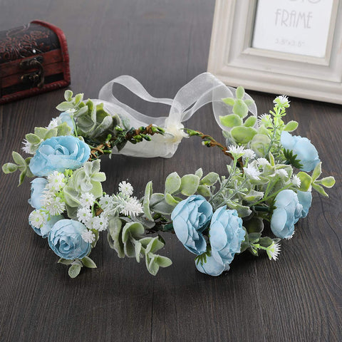 Flower Crown Headband Hair Garland - Bohemian Flower Headdress Hair Wreath Adjustable Halo Floral Headpiece for Women Girls Wedding Festival (Blue #1)