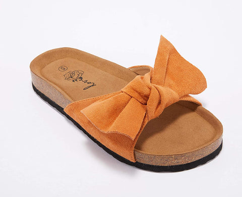 Ruanyu Womens Flat Slide Sandals Bowknot Slip On Open Toe Comfortable Cork Sandals Brown