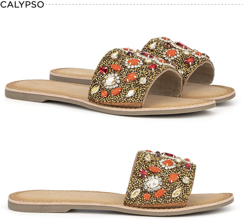 Torgeis Women's Calypso Slide Flats Sandals, Round Open Toe, Thermoplastic Rubber Outsole