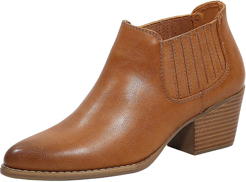 EETTARO Women's Block Heel Ankle Boots Pointed Toe Slip On Booties Elastic Gore Leather Shoes