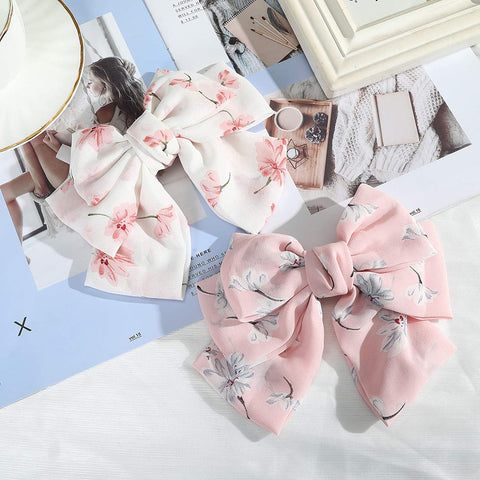 Chiffon Bow Barrettes Hair Clips - AWAYTR 2 Packs Flower Elastic Hair Bow for Women Wedding Party (White+Pink)