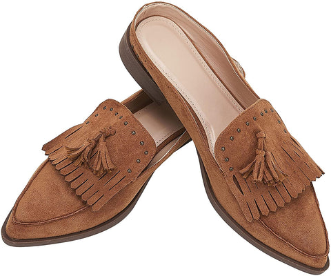Ruanyu Womens Backless Mules Sandals Flat Pointed Toe Slip On Studded Tassel Comfortable Penny Loafers