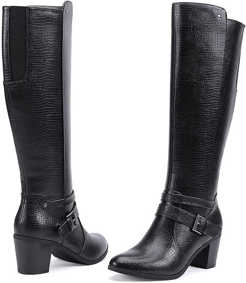 EETTARO Women's Block Mid Heel Boots Knee High Winter Booties Fashion Pointed Toe Elastic Buckle Boot