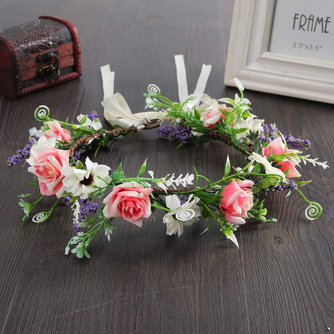 Leaf Flower Crown Garland Headpiece - Handmade Hair Garland Floral Wreath Adjusatble Flower Headbands for Bridal Wedding Festival Party Flower Leaves Crown (Pink + White)