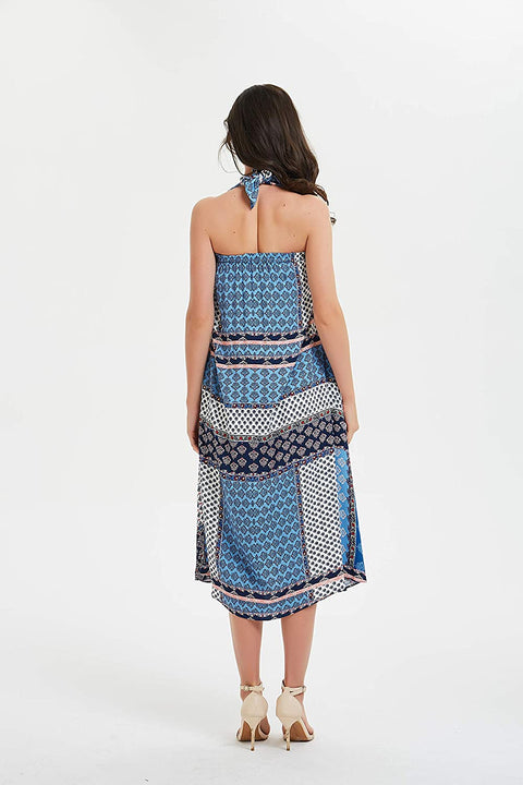 Womens Border Print Pull-on Elastic Waistband Long Skirt Neck Tie Dress