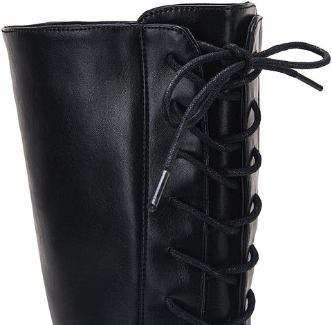 Womens Lace Up Knee High Boots Side Zipper Closed Pointed Boots Zippered Chunky Stacked Mid Heel Shoes
