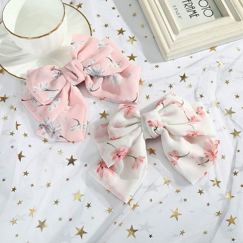 Chiffon Bow Barrettes Hair Clips - AWAYTR 2 Packs Flower Elastic Hair Bow for Women Wedding Party (White+Pink)