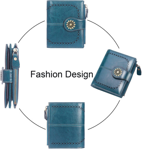 Lavemi Womens Leather Wallet RFID Blocking Small Bifold Compact Credit Card Case Purse for Women with ID Window Zipper Pocket