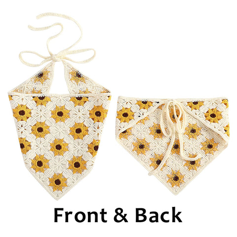 Crochet Bandana Head Kerchief Hair Scarf 2Pcs Knitted Hair Scarves Crochet Hair Kerchief Tie Bcak Headwrap Floral Hair Bandanas for Women Girls Scarf (Daisy(Black+Beige))