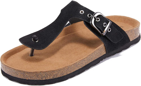 Womens Thong Sandals Slip-On Flats Adjustable T Strap Buckle Footbed Flip-Flop Cork Shoes