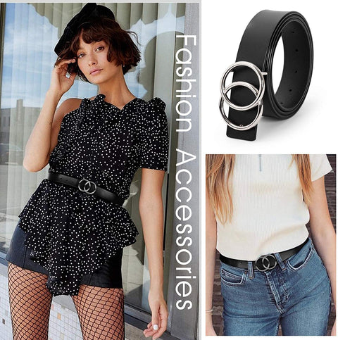 Women’s Leather Ring Belt for Jean, Mothers Day Gifts Double Circle Buckle Belts