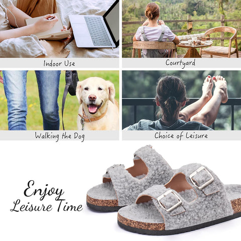 Katliu Women's Flat Slide Sandals Two Straps Buckle Slip on Slides Arch Support Cork Footbed Shearling Sandals