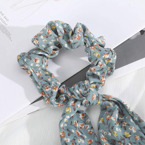 AWAYTR Chiffon Ponytail Hair Scarf Scrunchies - 4 Packs Flower Cashew Leopard Ripple Point Elastic Hair Ties Bow for Women (Floral(Black+Beige+Yellow+Black))