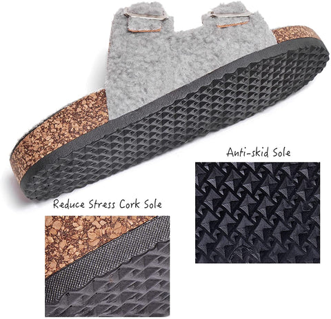 Katliu Women's Flat Slide Sandals Two Straps Buckle Slip on Slides Arch Support Cork Footbed Shearling Sandals