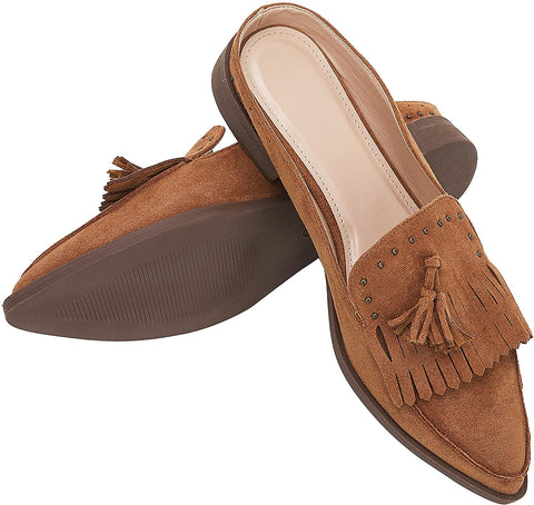 Ruanyu Womens Backless Mules Sandals Flat Pointed Toe Slip On Studded Tassel Comfortable Penny Loafers