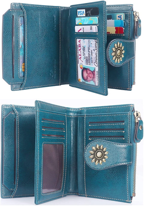 Lavemi Womens Leather Wallet RFID Blocking Small Bifold Compact Credit Card Case Purse for Women with ID Window Zipper Pocket