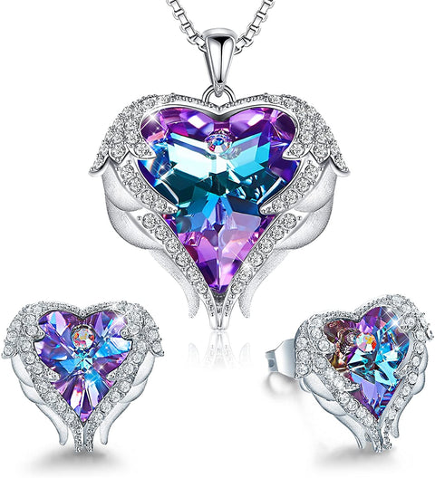 Angel Wing Love Heart Necklaces and Earrings Silver Jewelry Sets