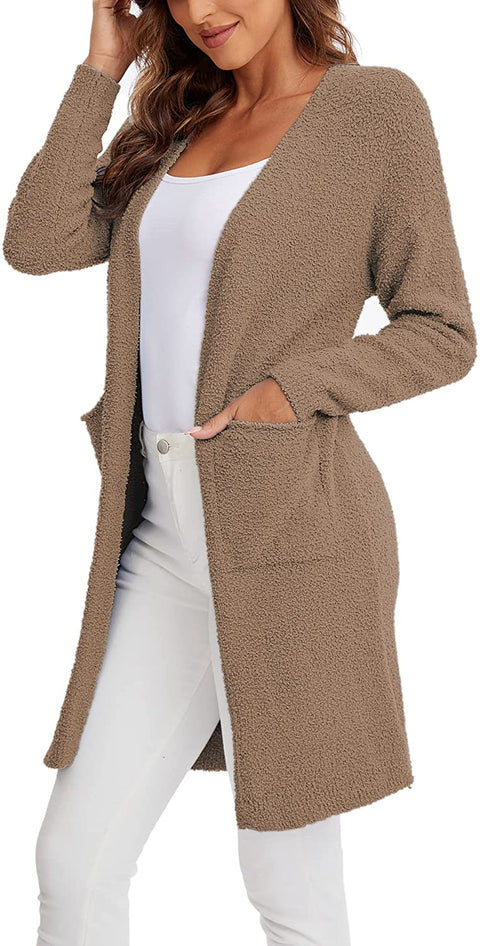 Women's Long Sleeve Chunky Open Front Sweater Cardigan Coat with Pockets