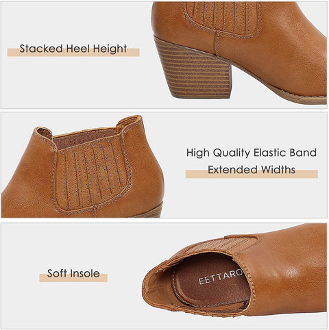 EETTARO Women's Block Heel Ankle Boots Pointed Toe Slip On Booties Elastic Gore Leather Shoes