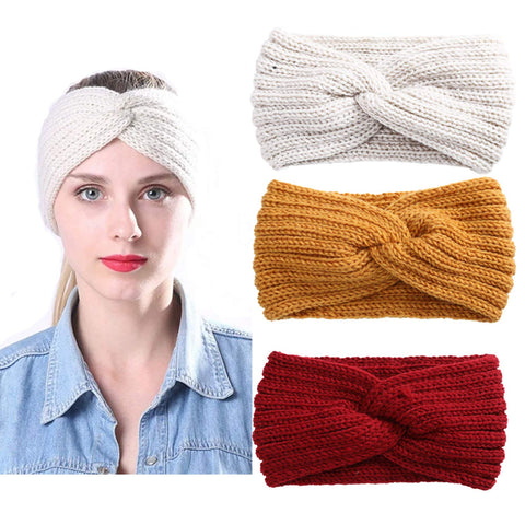 AWAYTR Elastic Knitted Pearl Turban Headband-3 Pcs Woobies Head Wrap Simple Adjust Hair Band for Women Girls (Beige+Ginger+Wine red)