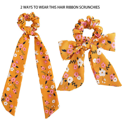 AWAYTR Chiffon Ponytail Hair Scarf Scrunchies - 4 Packs Flower Cashew Leopard Ripple Point Elastic Hair Ties Bow for Women (Floral(Yellow+White+Pink+Black))