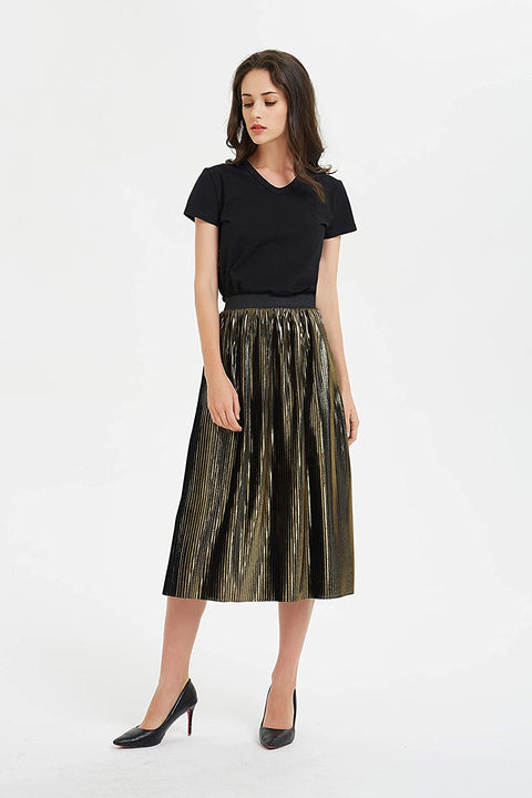 Womens Golden Metallic Shiny A Line Accordion Elastic Waistband Pleated Midi Skirt