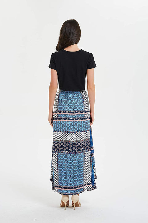 Womens Border Print Pull-on Elastic Waistband Long Skirt Neck Tie Dress