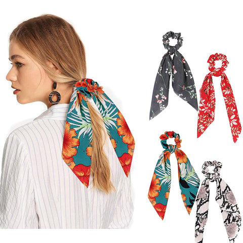 AWAYTR Chiffon Ponytail Hair Scarf Scrunchies - 4 Packs Flower Cashew Leopard Ripple Point Elastic Hair Ties Bow for Women (Skin + Black + Green + red)