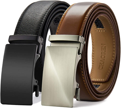 Belts Men, CHAOREN Leather Ratchet Belt 2 Pack with Click Sliding Buckle 1 3/8" in Gift Set Box - Adjustable Trim to Fit