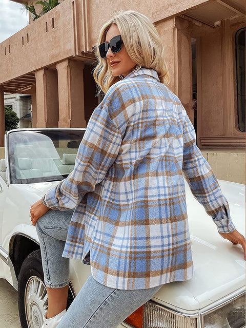 Women's Color Block Plaid Shirts Long Sleeve Flannel Lapel Button Down Pocketed Shacket Jacket Coats