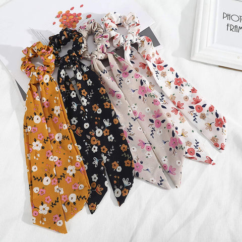 AWAYTR Chiffon Ponytail Hair Scarf Scrunchies - 4 Packs Flower Cashew Leopard Ripple Point Elastic Hair Ties Bow for Women (Floral(Yellow+White+Pink+Black))